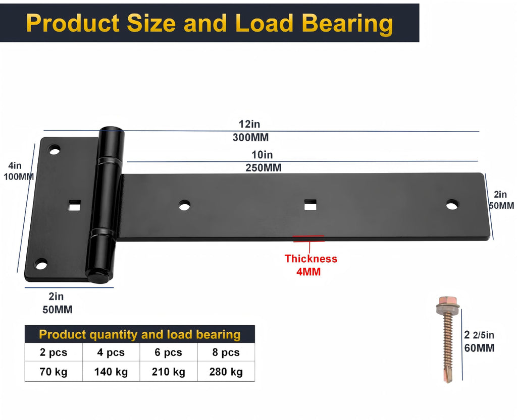 Heavy Duty T Strap Gate Hinges, 12 Inch 4mm Thick - 180° Open