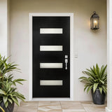 36"x80" Modern Style Fiberglass Front Door with Mahogany Wood Grain Texture, 4-Lite Frosted Glass, Left Inswing