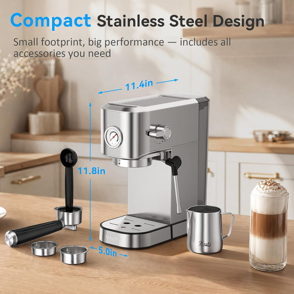 Espresso Machine with Milk Frother for Cappuccino & Latte | 20-Bar Pump, Built-in Pressure Gauge, Powerful Steam