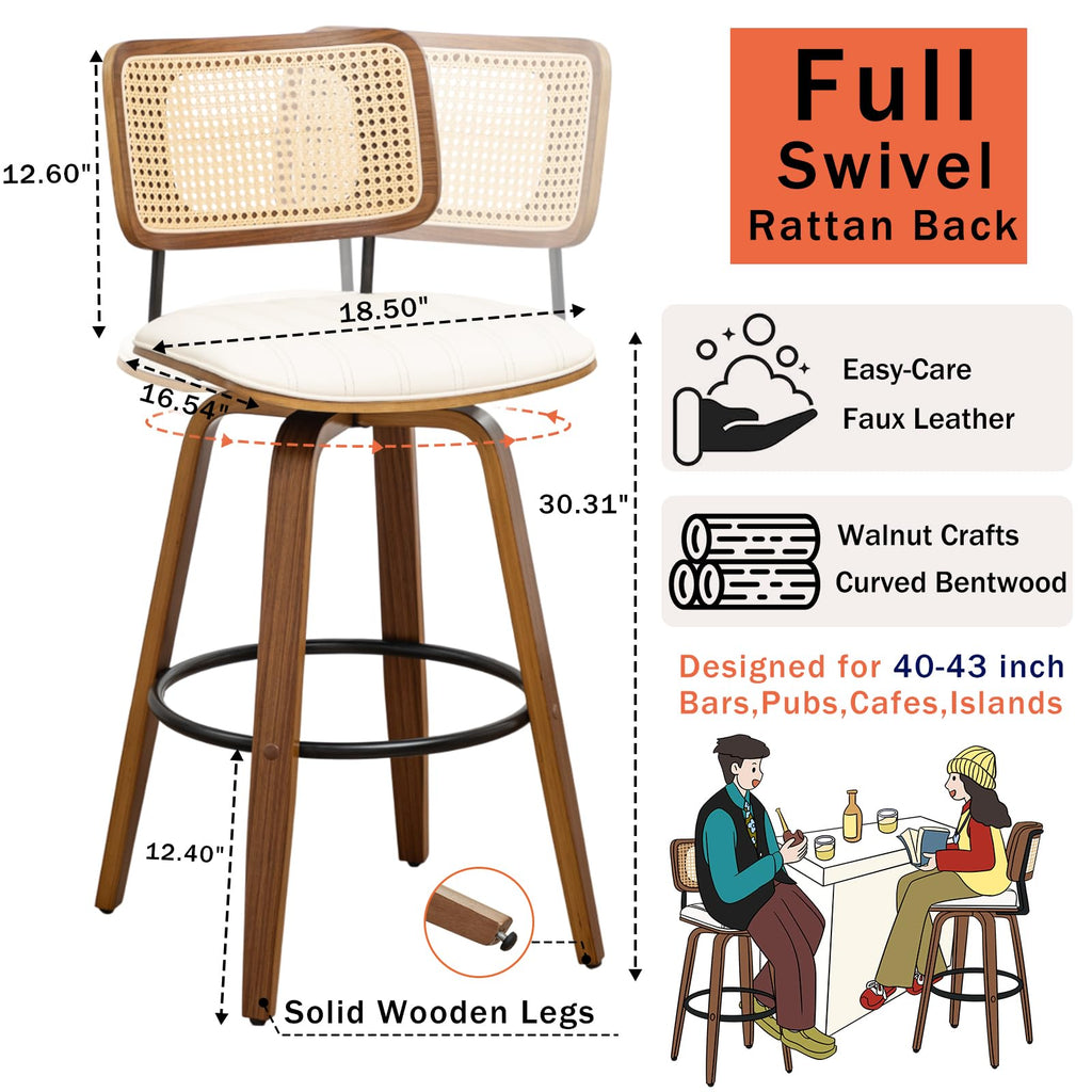 Mid Century Modern Bar Stools, Rattan Swivel Bar Stools with Curved Back