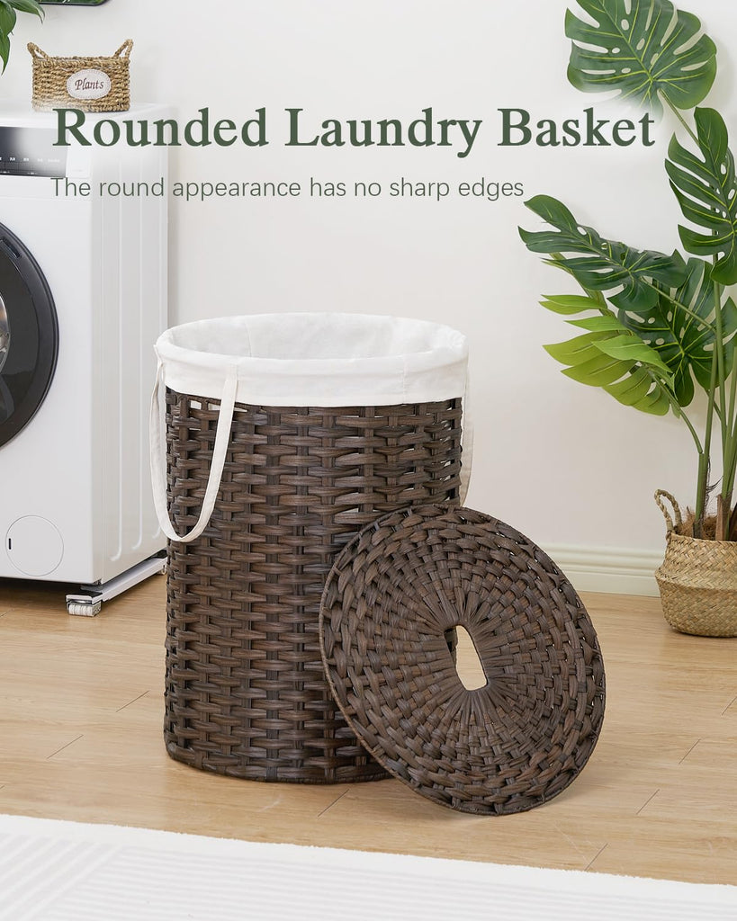 Laundry Basket with Lid Round Rattan PE Laundry Hamper, Brown