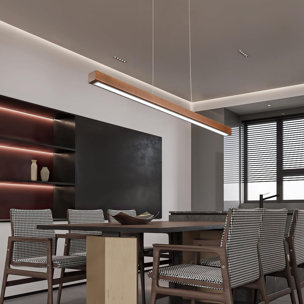 31.5" Wood Linear Pendant Light - Dimmable LED Chandelier with Remote, Adjustable Modern Farmhouse Lighting Islands