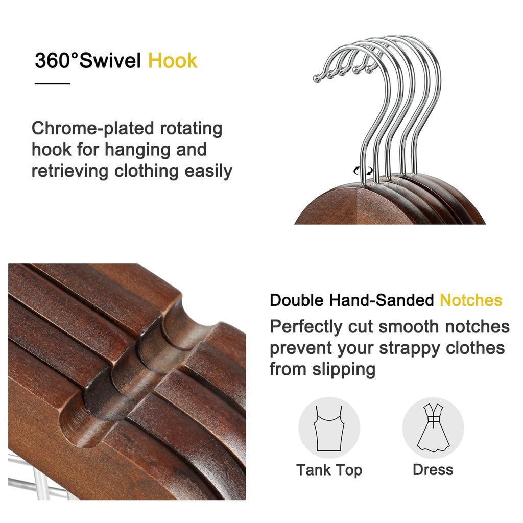 Wooden Suit Hangers with Adjustable Metal Clips (20 Pack), Solid Wood Clothes Hangers, 360° Swivel Hook, Premium