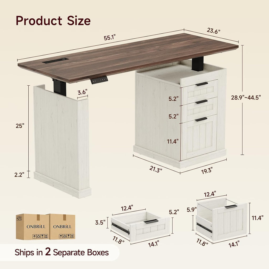 55 Inches Electric Standing Desk with File Cabinet, Computer Desk | Height Adjustable Desk with 3 Drawers, Farmhouse