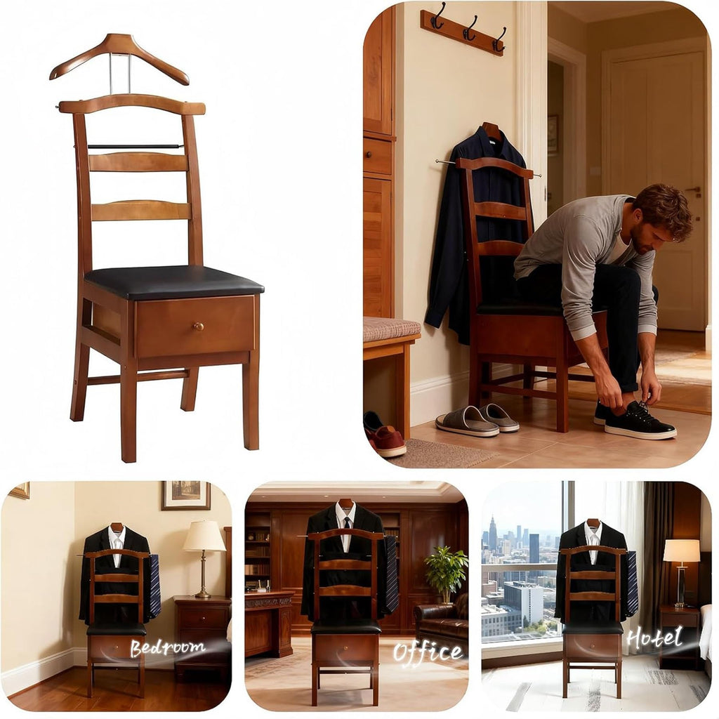 Brown Valet Stand with Drawer & Office Chair Hanger, Men's Organizer for Clothes, Watches, Keys & Accessories