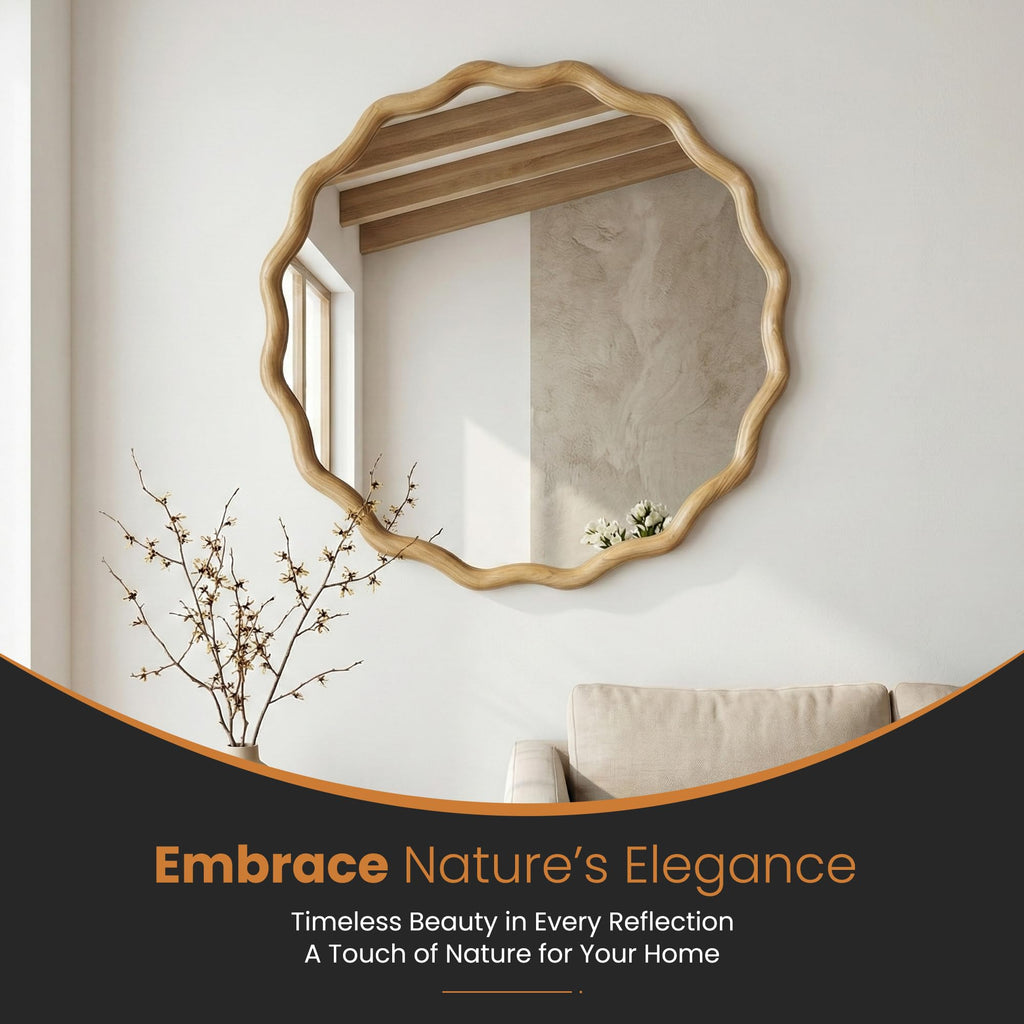 Round Wavy Wood Bathroom Vanity Mirror, 28" Boho Decorative Wall Mirror