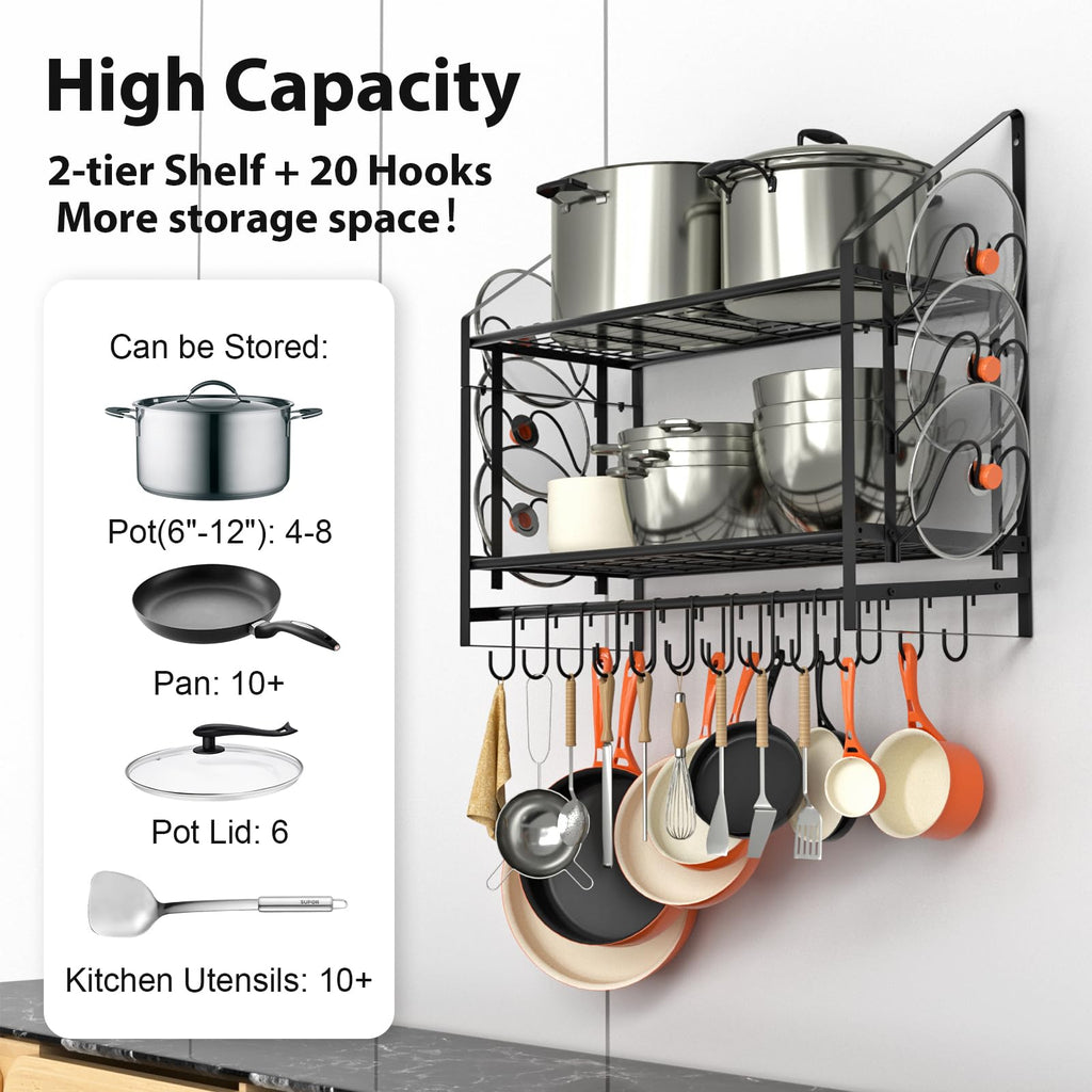 28 Inch Pot Rack Wall Mounted, 2 Tier Pots and Pans Organizer with 20 Hooks and 6 Pot Lid Holders, Heavy Duty Steel