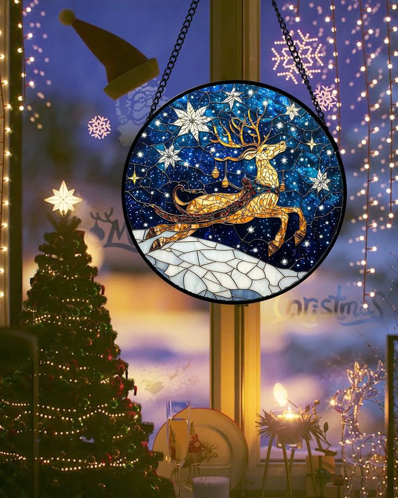Stained Glass Window Hanging - Reindeer Blue Starry Sky Suncatcher for Doors Home Christmas Decoration Winter