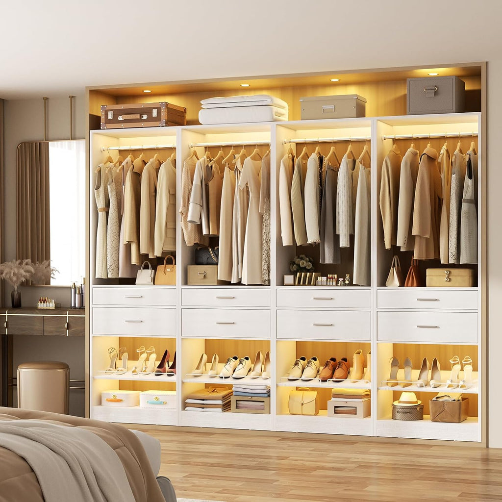 Closet System, 8.3FT Closet Organizer with 8 Wooden Drawers, 4 Hanging Rods, Adjustable Shoe Rack, Easy Assembly