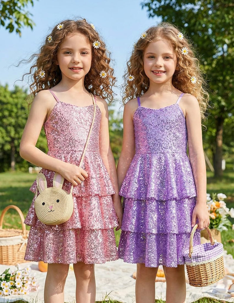 Girls Sequin Formal Dresses Kids Party Special Occasion Fancy Dress Tie Back 3 Layer Prom Graduation Outfits