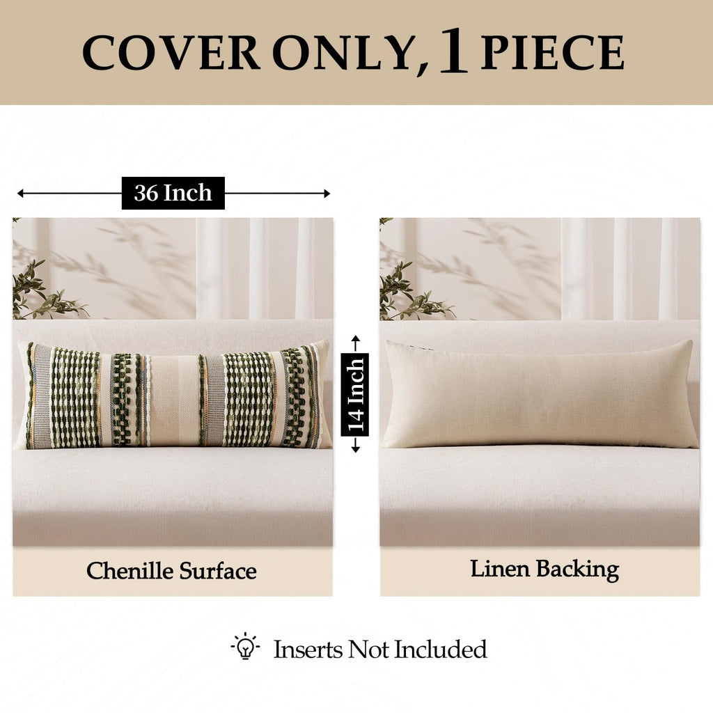 Boho Decorative Pillow Covers Olive Green Stripe 14x36 Pack of 1