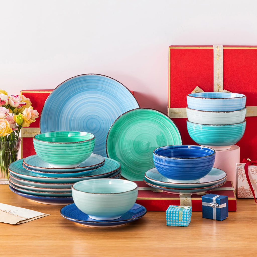Bonita Plates and Bowls Set 18 Pieces Blue Stoneware Service for 6