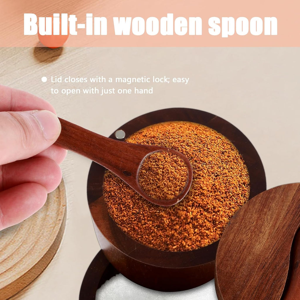 2 Layers Acacia Wood Salt and Pepper Bowl Salt and Pepper Storage Box Salt Container Salt Keeper with Built in Spoon