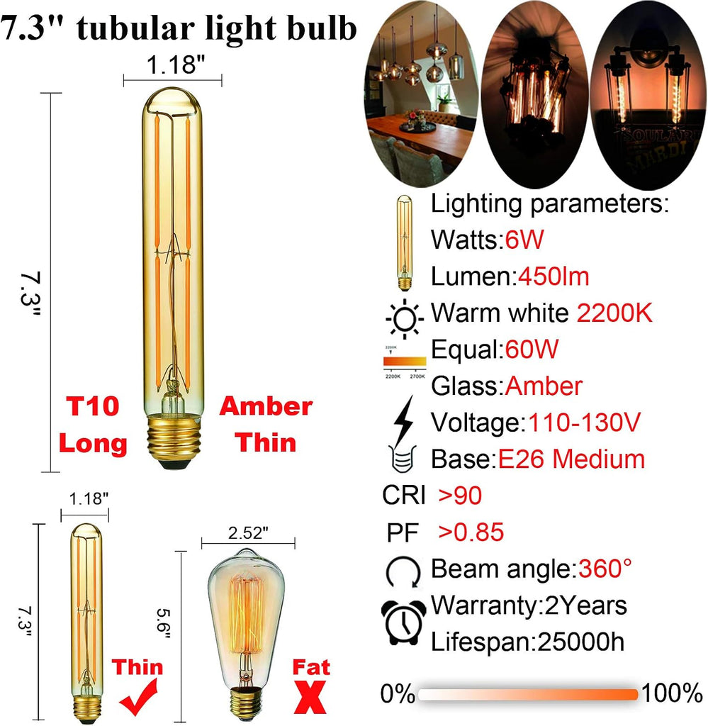 E26 T10 Edison Bulbs,60w Led Light Bulbs,Dimmable,Amber 2200K