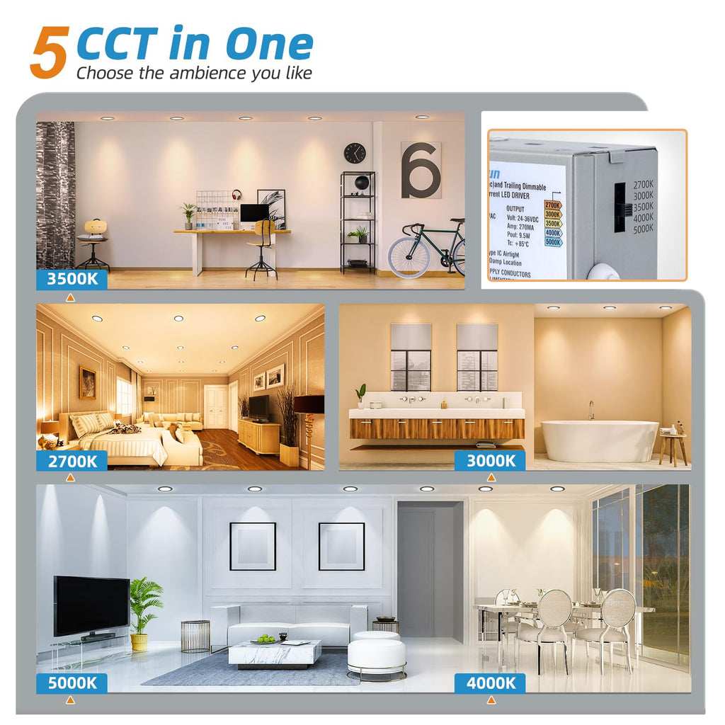 12 Pack 6 inch Recessed Lighting, 5CCT, 3W Eqv 120W
