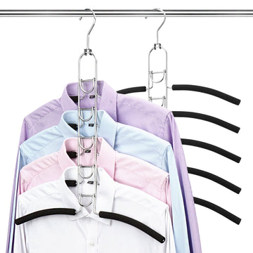 Space Saving Clothes Hangers, Multilayer Metal Hanger 2 Pack 5 in 1 Space Saver Coat Hangers, Anti-Slip Foam Padded
