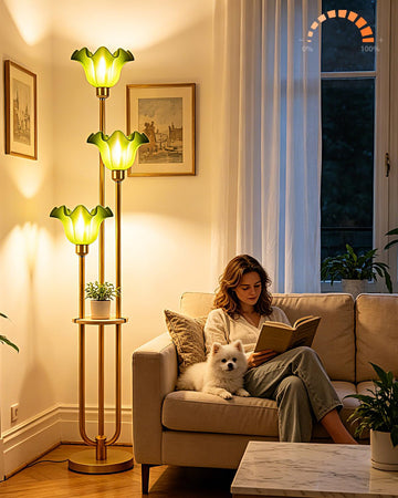 Flower Floor Lamp Vintage Dimmable Floor Lamp with Green Shades 3 Light Mid Century Gold Floral Standing Tall Lamp