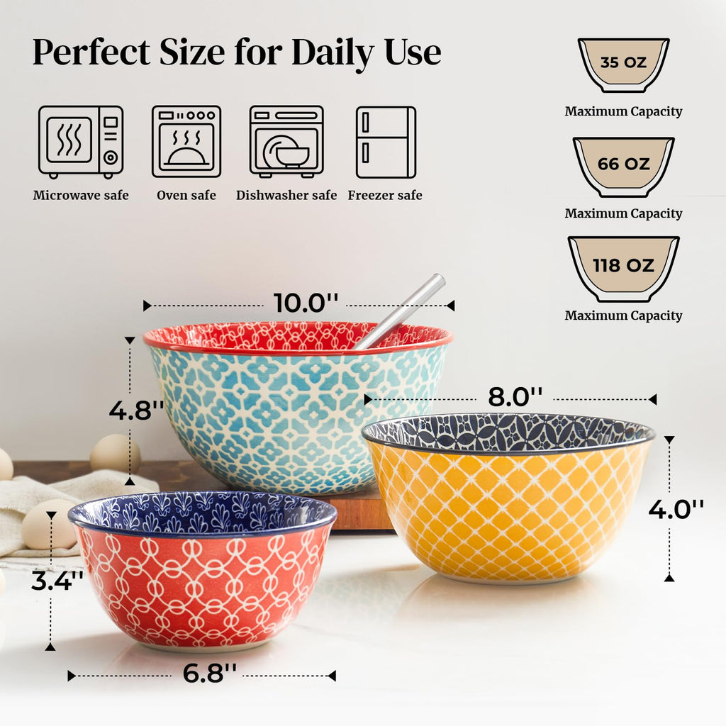 Mixing Bowls, Ceramic Mixing Bowls, Colorful Vibrant Nesting Bowls for Cooking, Baking, Prepping, Serving, Salad
