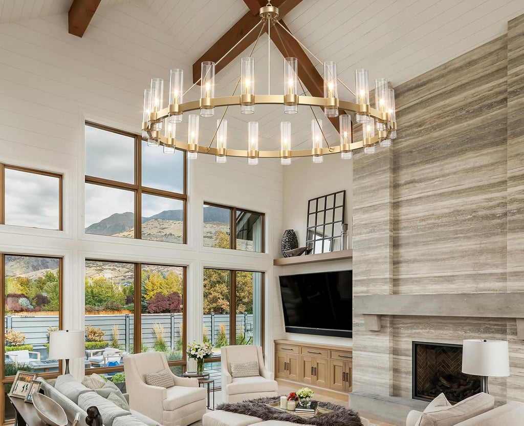 Inspired Ravelle Style 60 Inch Gold Wagon Wheel Chandelier with Glass Shade, 20 Lights, Modern Farmhouse Style, Ideal for Dining Room, Kitchen, Entryways