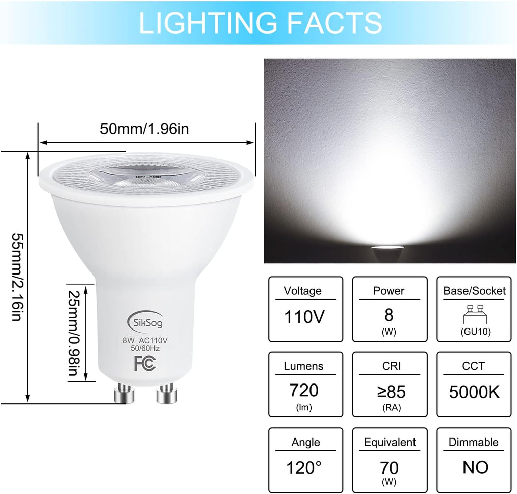 GU10 LED Light Bulb 5000K Daylight White,70W Halogen Equivalent, Non Dimmable, 120° Beam Angle Flood Lights, LED