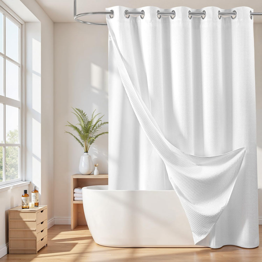 Cotton Blend No Hook Shower Curtain with Liner, White, 71Wx74L | with Snap in Liner, Heavyweight Waffle Fabric, Hotel