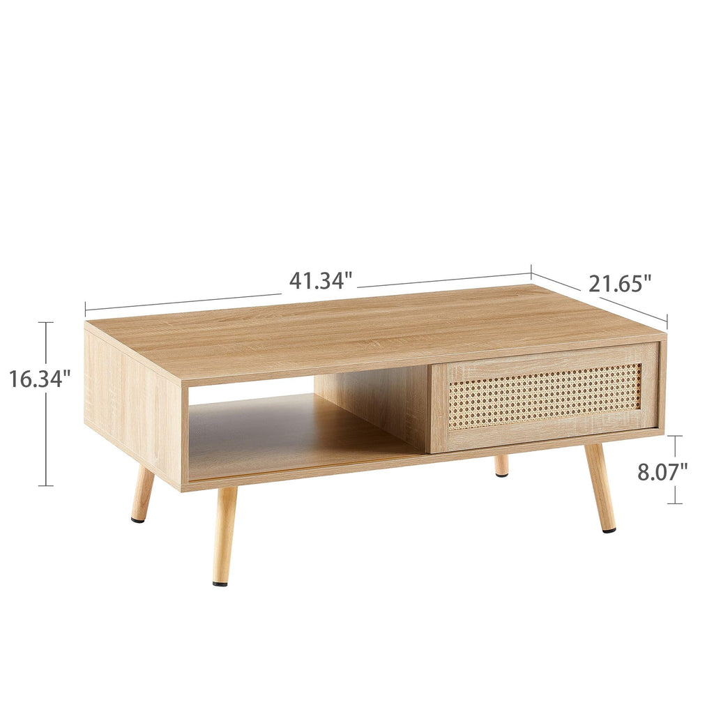 Modern Coffee Table with Storage, 41.3 Inch Rectangle Wooden Accent Center Sofa Table with Sliding PE Rattan Woven
