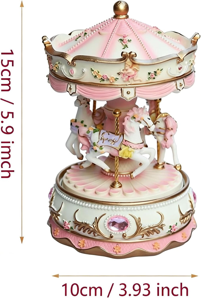 Pink Carousel Music Box with Rotating Horses and LED Light