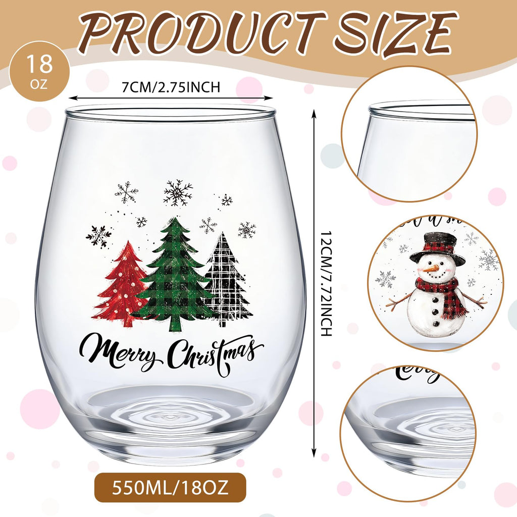 4 Pcs Christmas Stemless Wine Glasses 18oz Cups, Tree Snowman