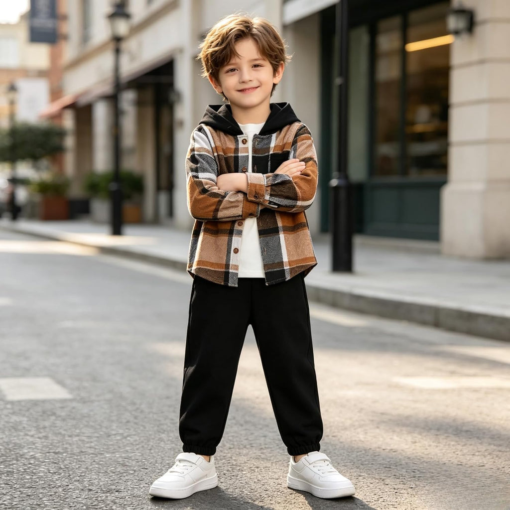Toddler Boys Clothes 2PCS Flannel Plaid Hoodie & Pants Set