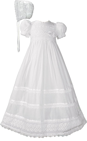 Girls Cotton Short Sleeve Dress Christening Gown Baptism Gown with Laces and Ribbon