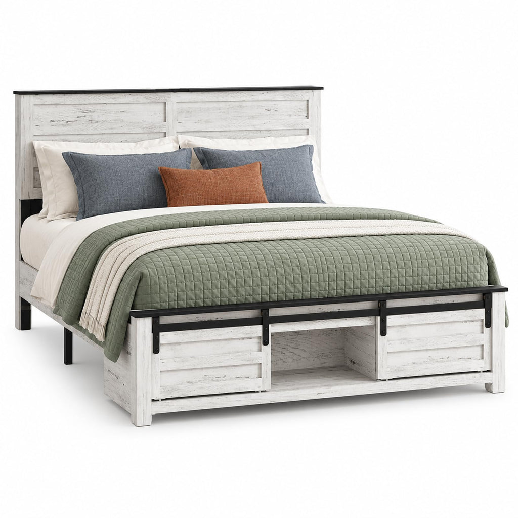 Farmhouse Bed Frame with Barn Door Headboard, White