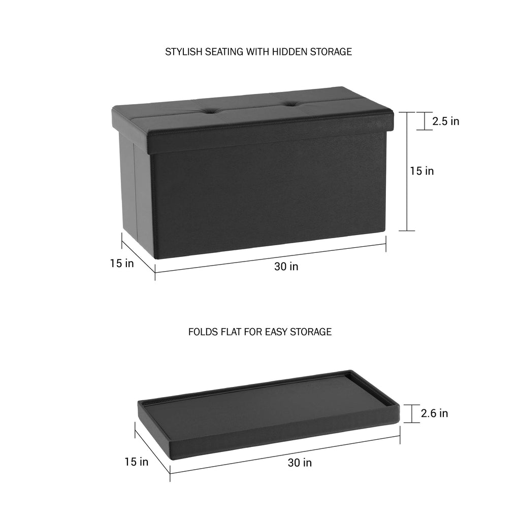 Storage Ottoman - 30-Inch Folding Faux Leather Footrest, Linen Chest, or Bench with Removable Bin by (Black)