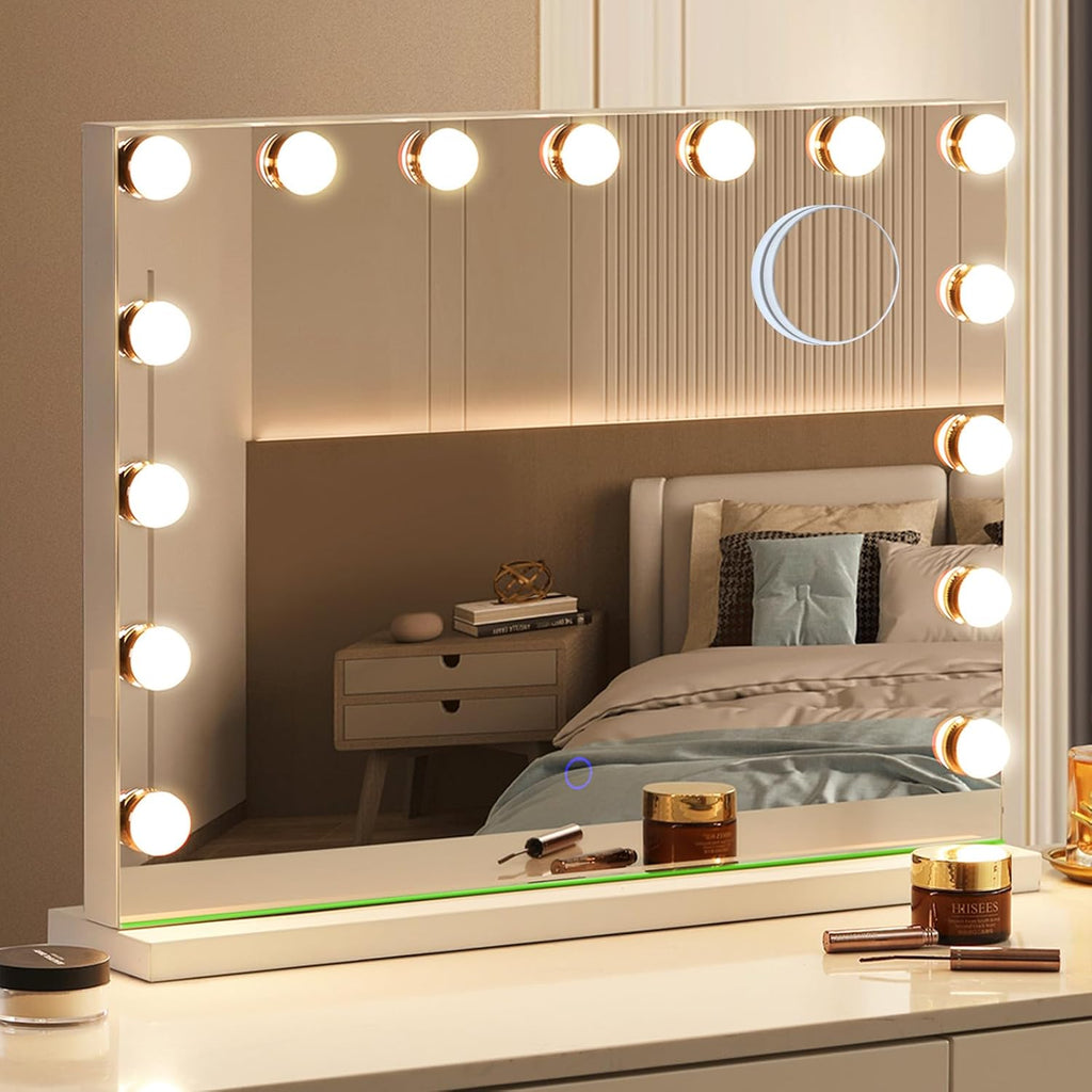 Hollywood Vanity Mirror with Lights, 23"x18" Lighted Makeup Mirror with 10x Magnification for Desk/Wall Mount, 15 Led