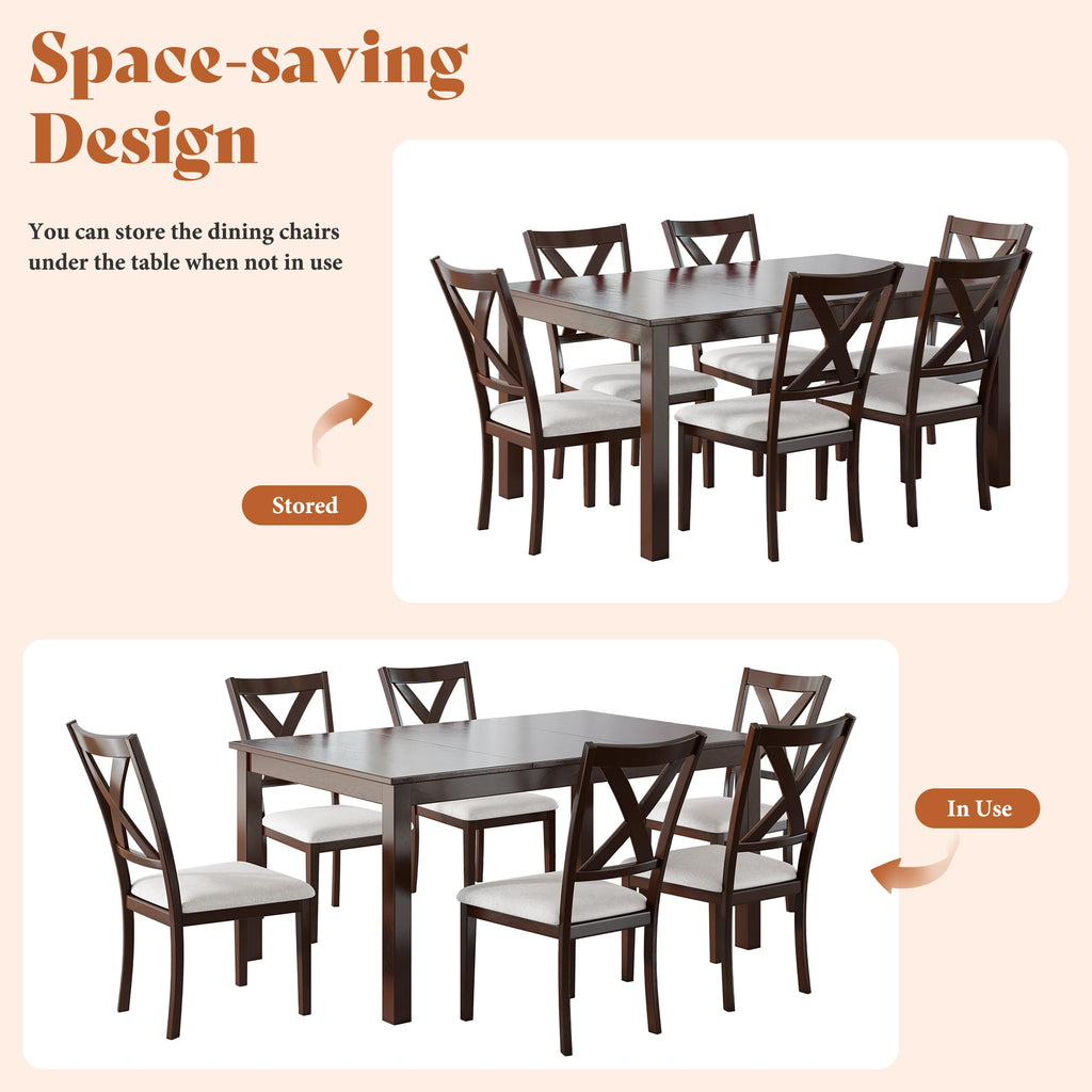 7-Piece Farmhouse Dining Table Set for 6, 60'' Table and 6 Chairs