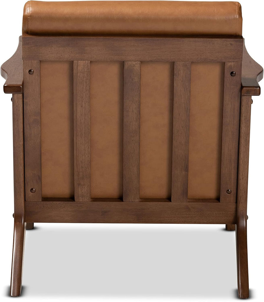 Bianca Mid-Century Modern Walnut Brown Finished Wood and Tan Faux Leather Effect Lounge Chair