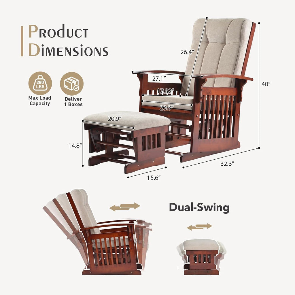 Glider Rocking Chair for the Nursery with Ottoman, 3A Solid Rubberwood Frame, Smooth-Gliding Rocking Chair Easy to