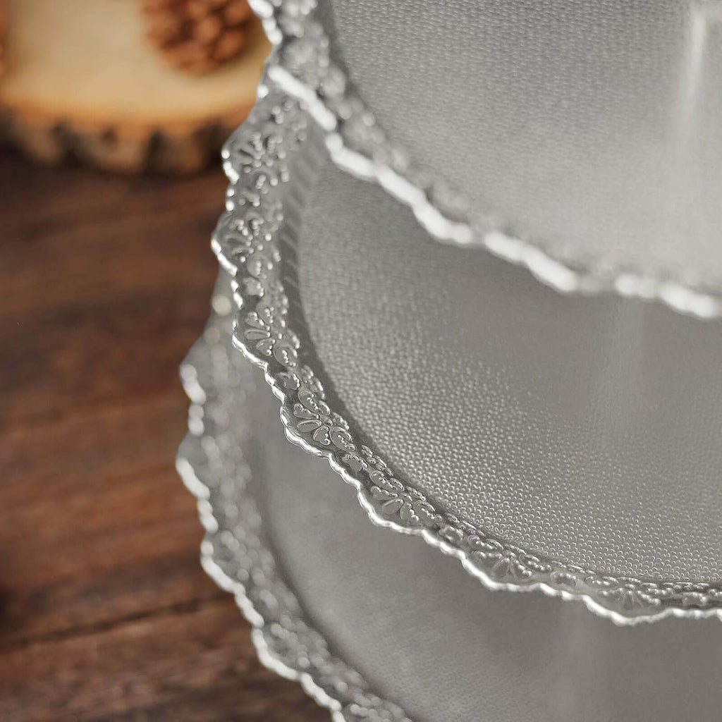 3-Tier Silver Cupcake Stand Lace Cut Scalloped Edge Dessert Tower, Decorative Baby Shower Pastry Display - 15" Tall - Set of 3