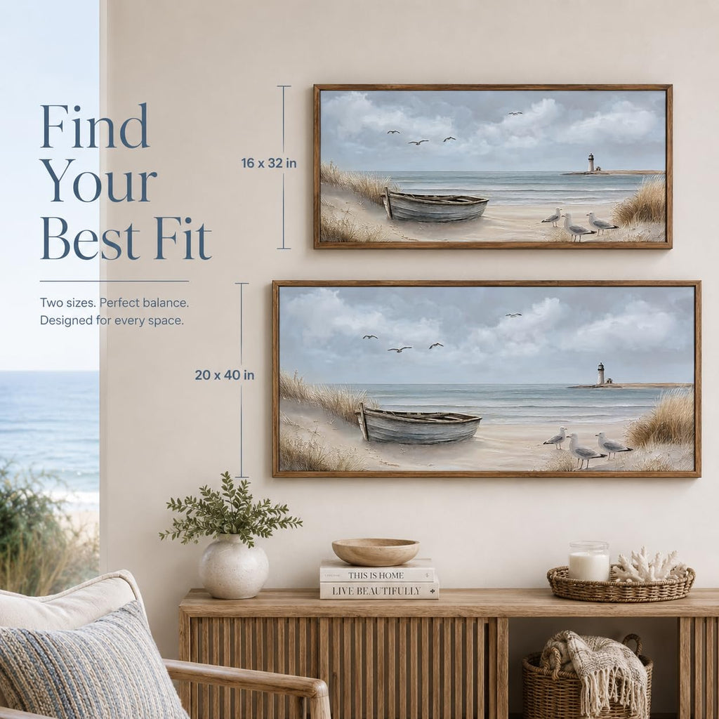 Framed Beach Coastal Lighthouse Canvas Wall Art 16X32 Inch