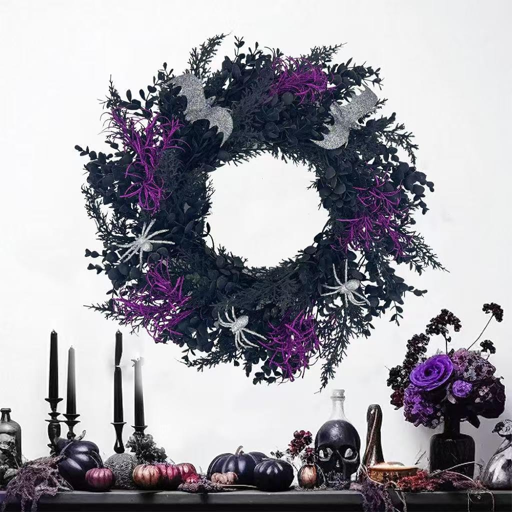 Halloween Wreath for Front Door, 20 Inch Creepy Wreath with Silver Spiders & Bats Purple Plants, Spooky Durable
