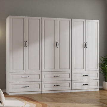 White Wardrobe Closet with 6 Drawers and 6 Doors, 75" H x 95" W