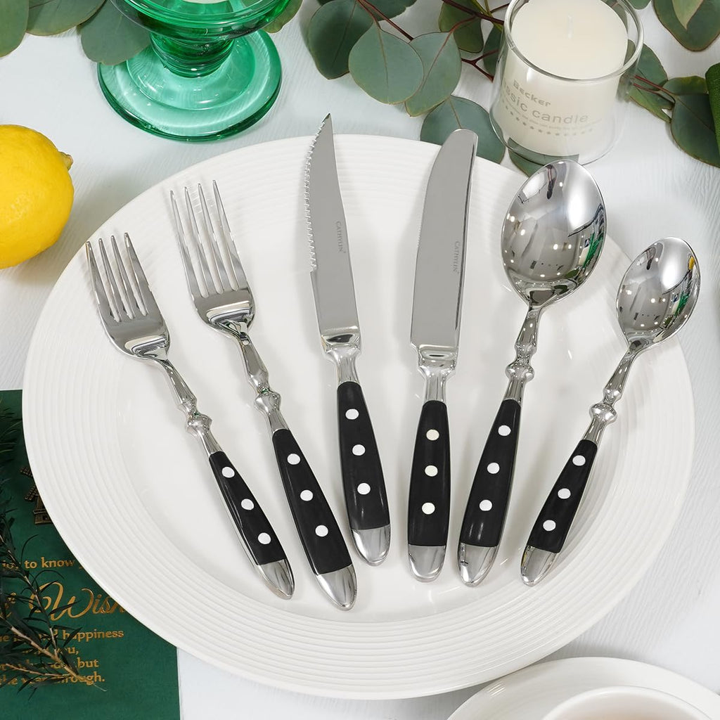 24-Piece 18/0 Stainless Steel Silverware set,Vintage Flatware set with Bakelite Handle,service for 4,Cutlery set
