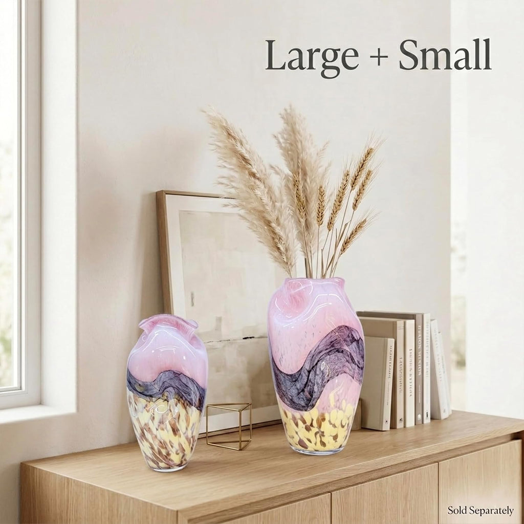 Murano Style Glass Vase, Hand Blown Decorative Art Vase with Ruffled Opening for Flowers, Shelf Tabletop Mantel
