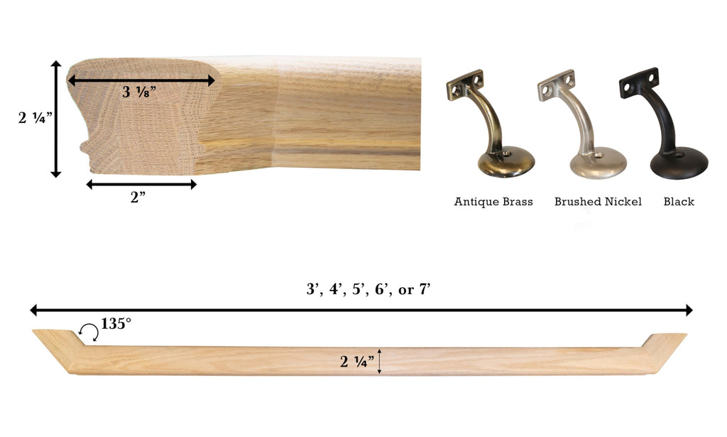 6010 California-Angle Red Oak Handrail Kit with 135° Angle Returns and Wall Mount Brackets. Solid Unfinished Red Oak