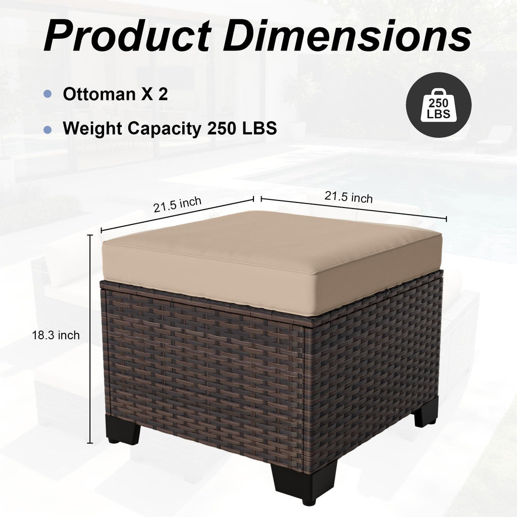 2 Pieces Wicker Ottomans, All Weather Rattan Patio Ottoman with Removable Cushion, Outdoor Footstools, Additional