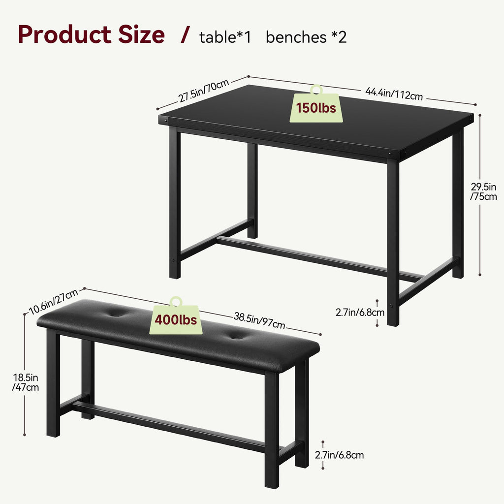 Dining Table Set for 4, Kitchen Table with Upholstered Bench, 3 Piece Rectangular Dining Room Table Set with 2