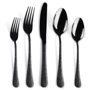 40 Piece Forged Black Flatware Set for 8 Stainless Steel Heavy Hammered Silverware Fine Dining Utensils Tableware