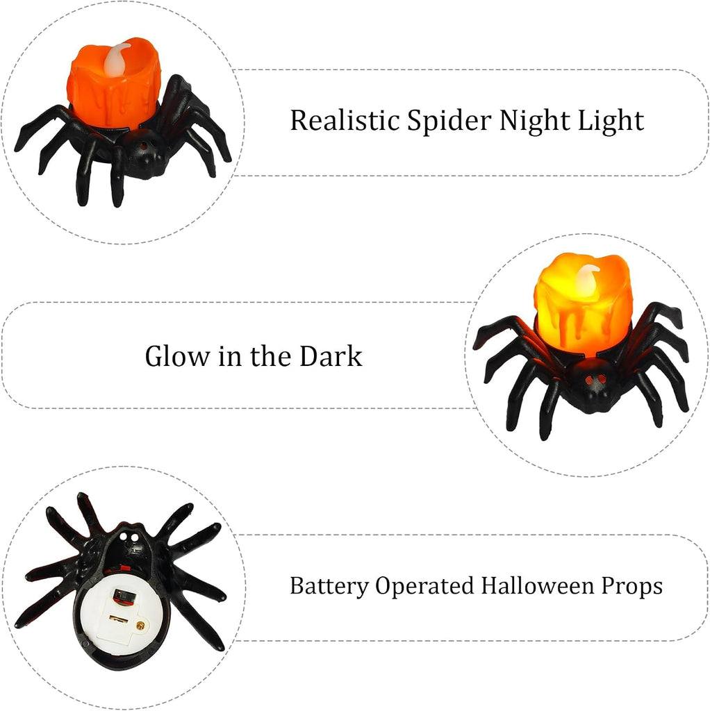 Halloween Spider Tea Lights Candles, Battery Operated LED Flameless Spider Candles Holder Lights, Spooky - Set of 12