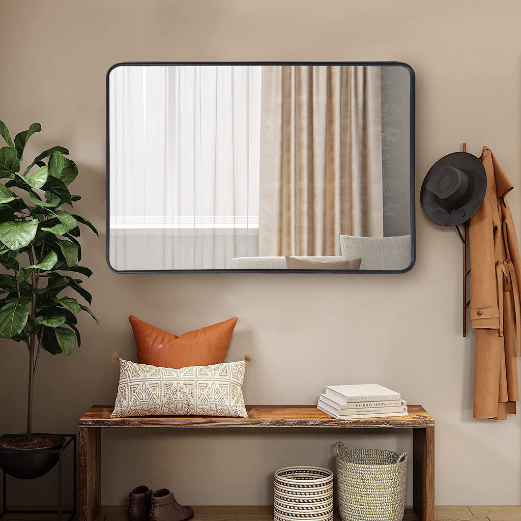 Black Metal Framed Rectangular Wall Mirror 24" x 36" Bathroom Mirror with Peaked Trim s, Living Rooms, Bathrooms