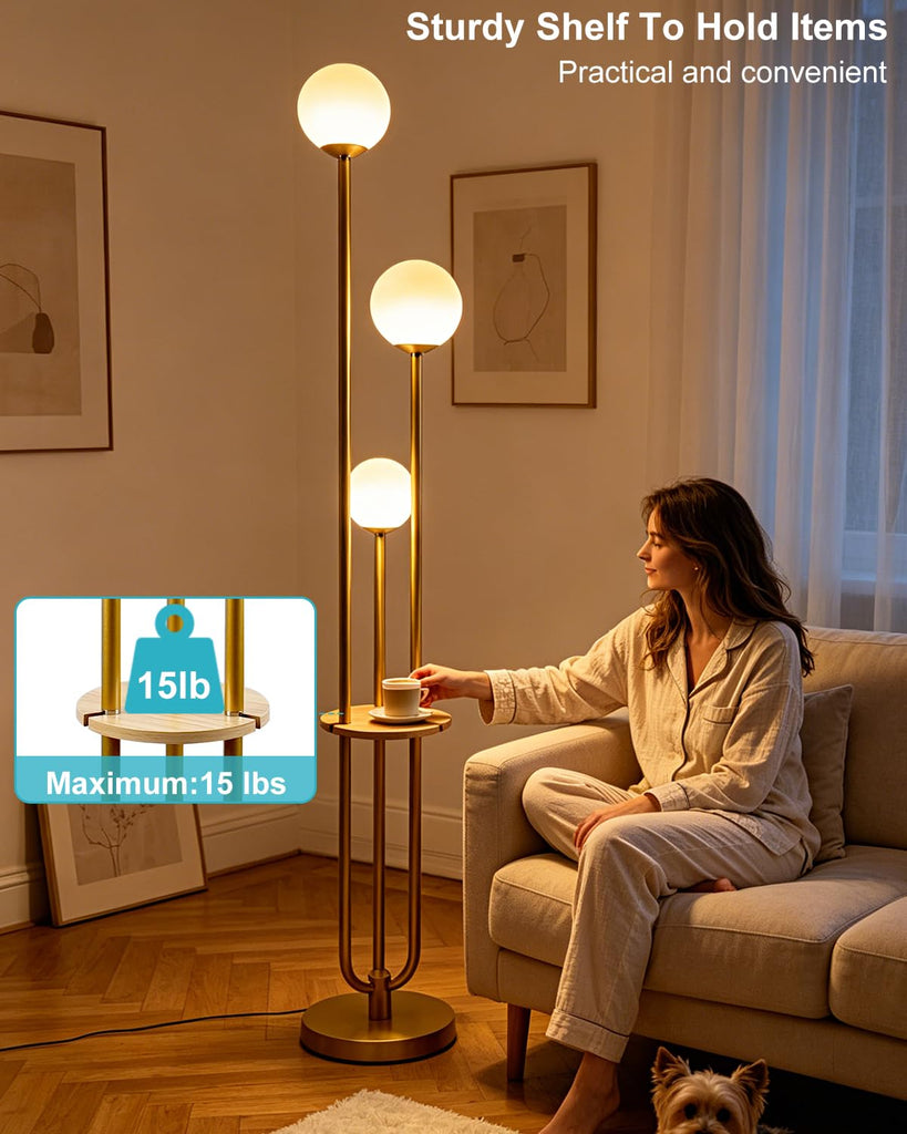 63IN Dimmable Gold Floor Lamp with Shelf Mid Century Standing Lamps with 3000K Bulbs Included Modern Globe Floor Lamp