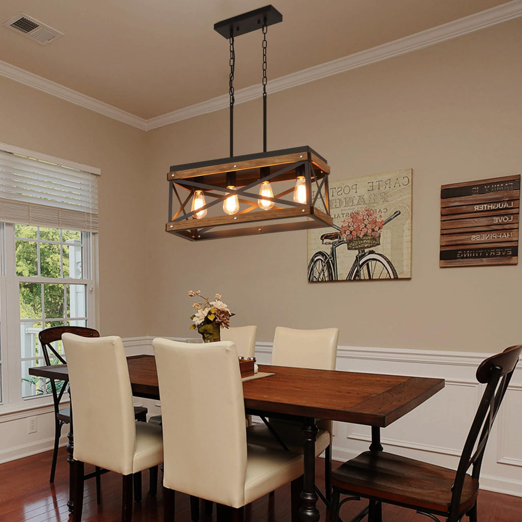 Rustic Farmhouse Wood Kitchen Island Lighting, 4 Lights Rectangular Pendant Light Fixture, Adjustable Chain Oak Wood